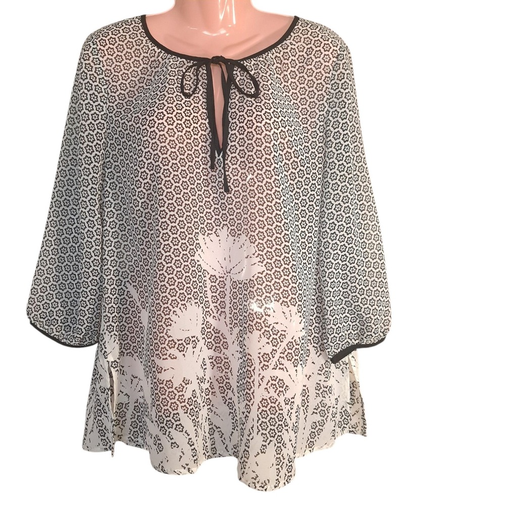 Ann Taylor Women's Size Medium Black & White Sheer Blouse Floral Design with Tie